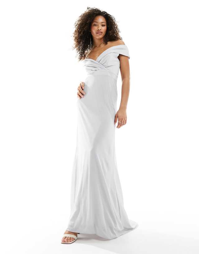 TFNC - bridesmaids bardot fitted maxi dress in silver