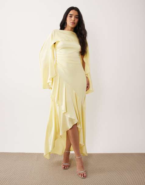 TFNC Bridesmaids cape top satin maxi dress with wrap skirt in butter yellow - view 1