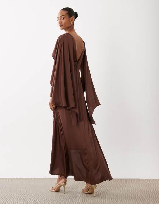 TFNC Bridesmaids cape top satin maxi dress with wrap skirt in chocolate, 3 of 4