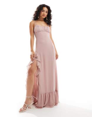 TFNC TFNC Bridesmaids chiffon cami maxi dress with split and frill detail in soft pink