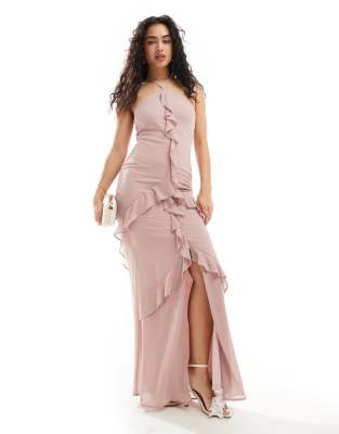 Tfnc Bridesmaids Chiffon Halterneck Frill Maxi Dress In Soft Pink