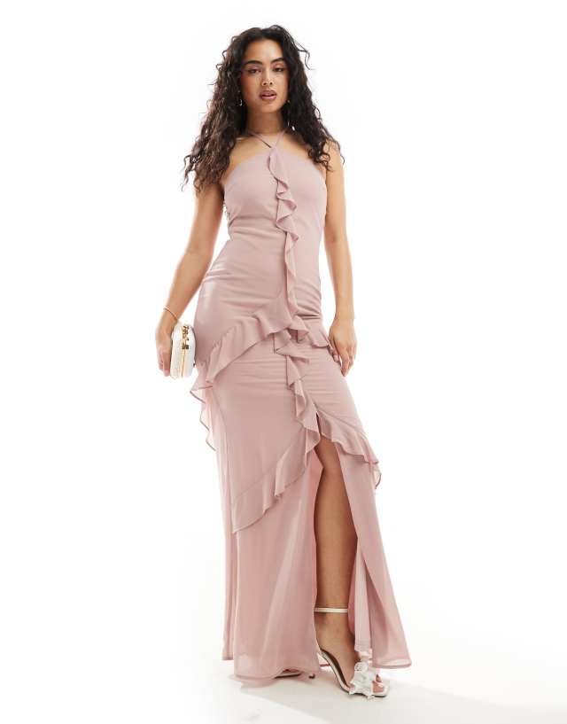 TFNC - bridesmaids chiffon halterneck frill maxi dress in soft pink