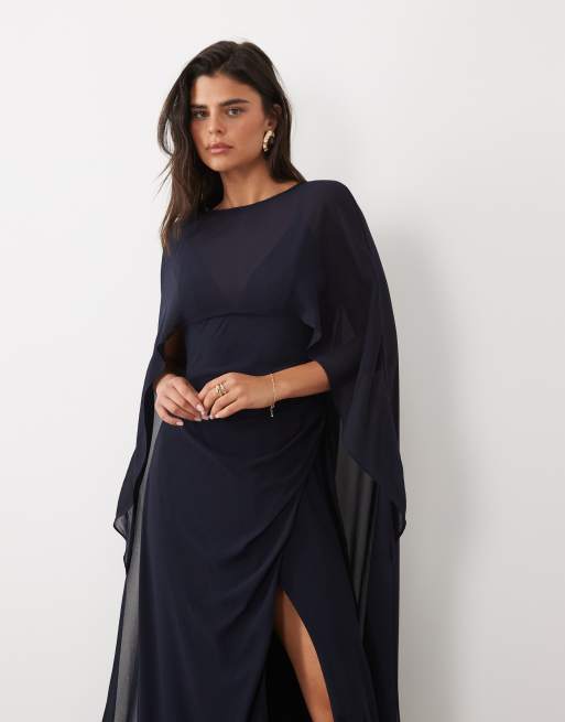 TFNC Bridesmaids chiffon high neck thigh high split maxi dress with cape in navy, 3 of 4
