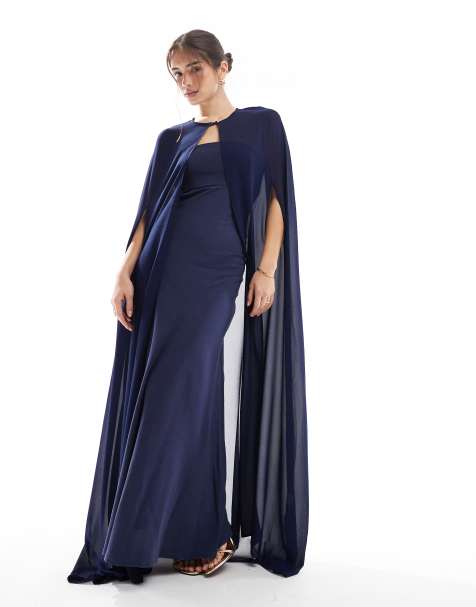 TFNC Bridesmaids chiffon maxi cape in navy - view 1