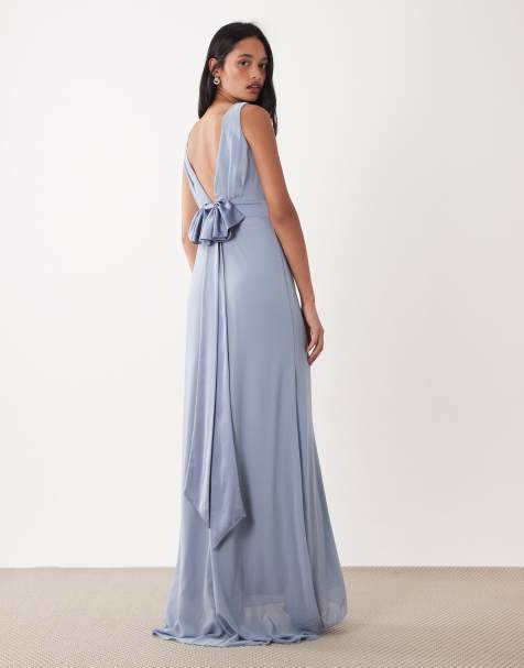 TFNC Bridesmaids chiffon maxi dress satin bow detail in dusty blue - view 1