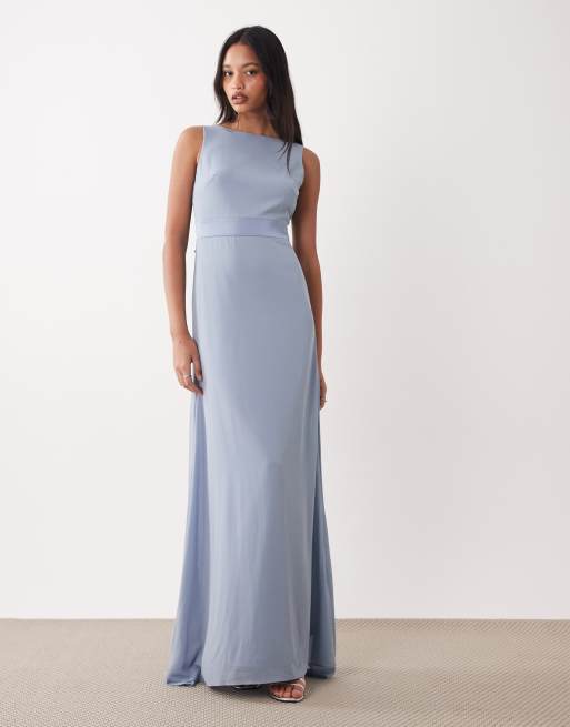 TFNC Bridesmaids chiffon maxi dress satin bow detail in dusty blue, 3 of 4