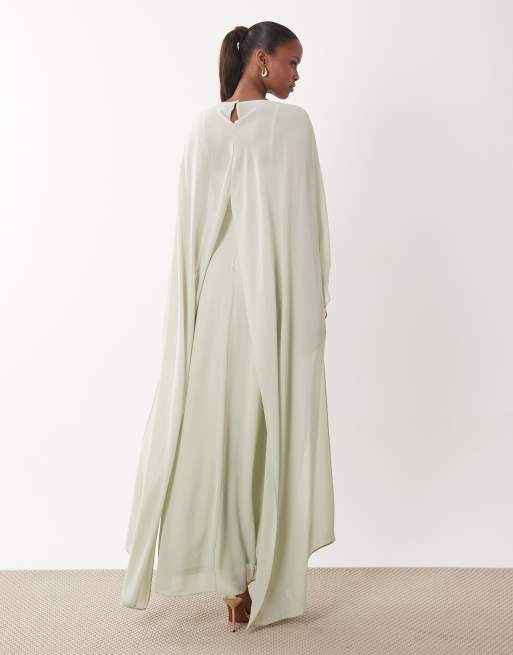 TFNC Bridesmaids chiffon maxi dress with cape in sage green, 4 of 4
