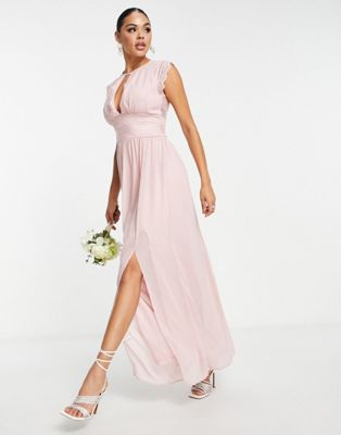 TFNC Bridesmaids chiffon maxi dress with lace detail in mauve