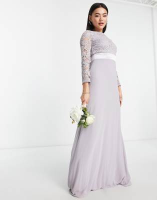 TFNC TFNC Bridesmaids chiffon maxi dress with lace scalloped back and long sleeves in grey