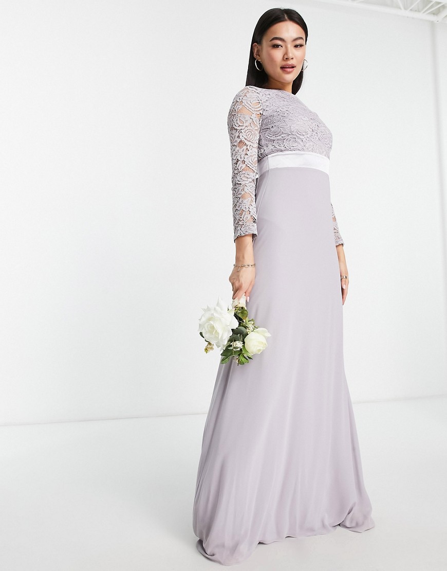 TFNC Bridesmaids chiffon maxi dress with lace scalloped back and long sleeves in grey