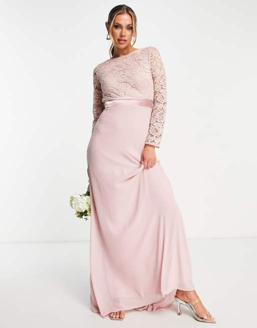 TFNC Bridesmaids chiffon maxi dress with lace scalloped back and long  sleeves in mauve | ASOS