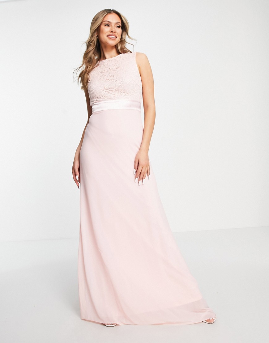 TFNC Bridesmaids chiffon maxi dress with lace scalloped back in whisper pink