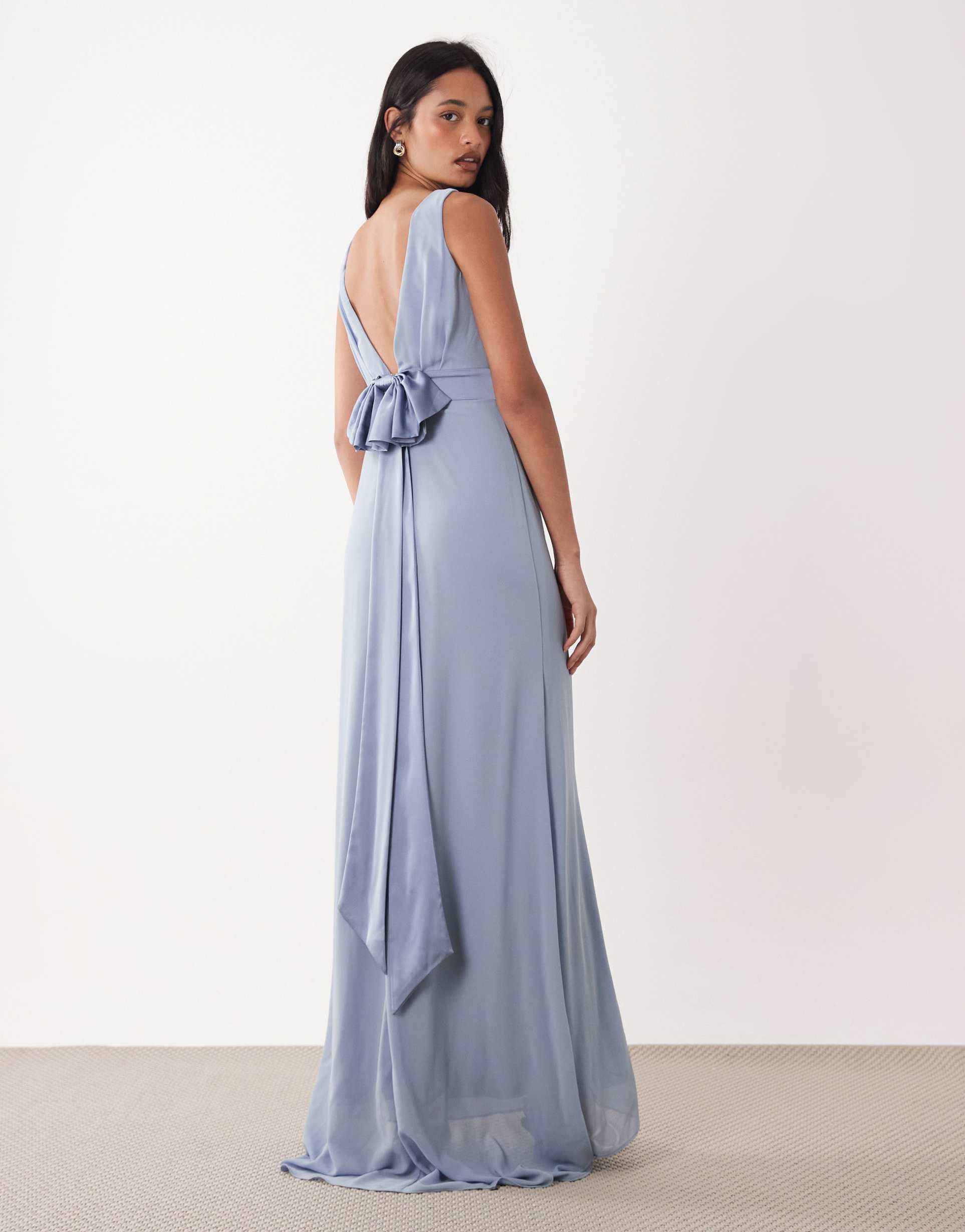 tfnc bridesmaids chiffon maxi dress with satin bow detail in dusty blue