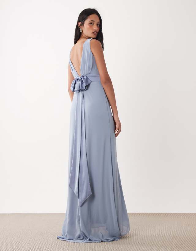 TFNC Bridesmaids chiffon maxi dress with satin bow detail in dusty blue