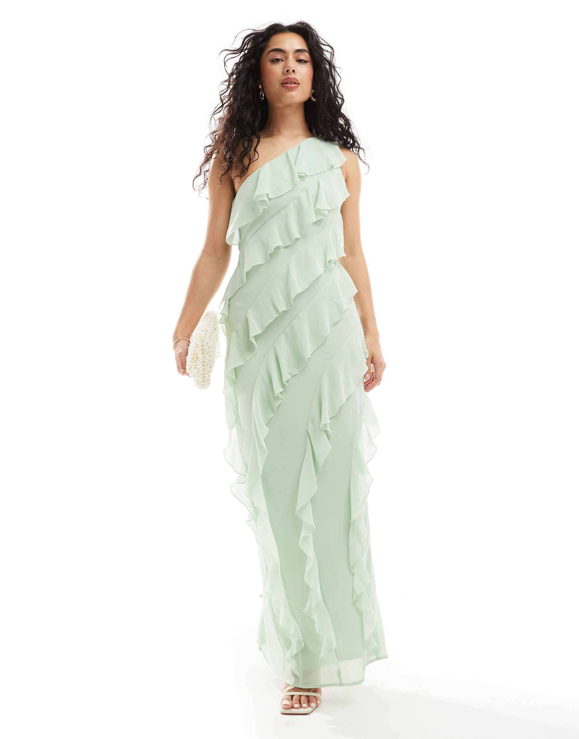 tfnc bridesmaids chiffon one shoulder maxi dress with frills in fresh mint