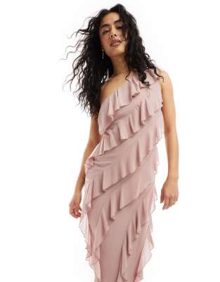 Bridesmaids chiffon one shoulder maxi dress with frills in soft pink