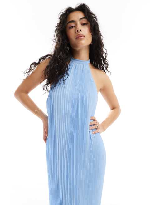 TFNC Bridesmaids chiffon pleated halterneck maxi dress in powder blue, 3 of 4