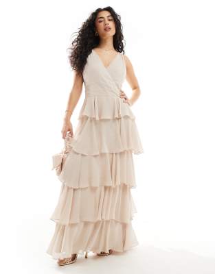 Bridesmaids chiffon tiered maxi dress in ecru-Brown