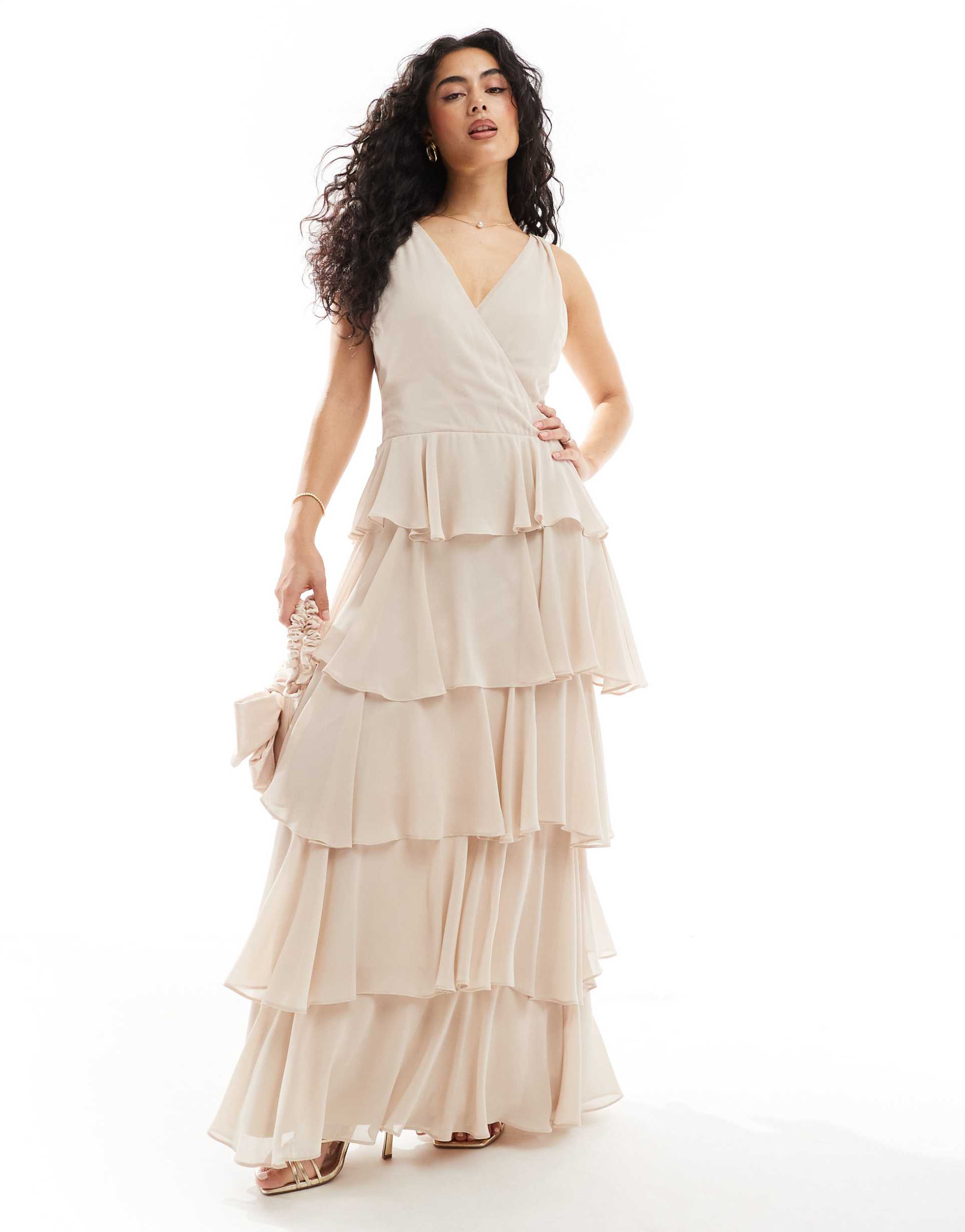 tfnc bridesmaids chiffon tiered maxi dress in ecru