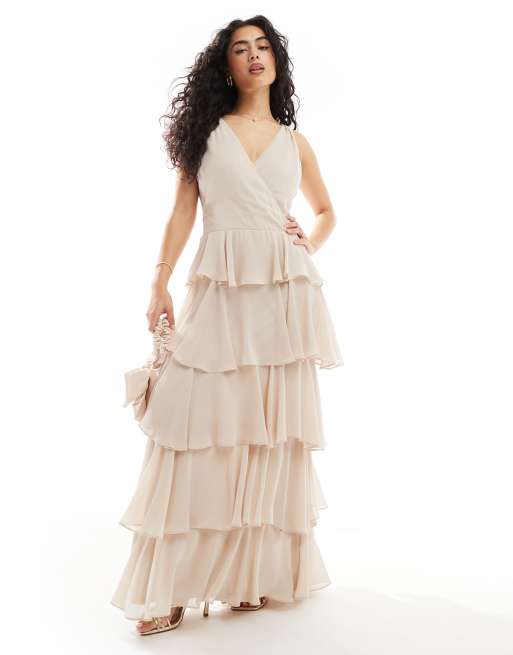 TFNC Bridesmaids chiffon tiered maxi dress Mountain in ecru