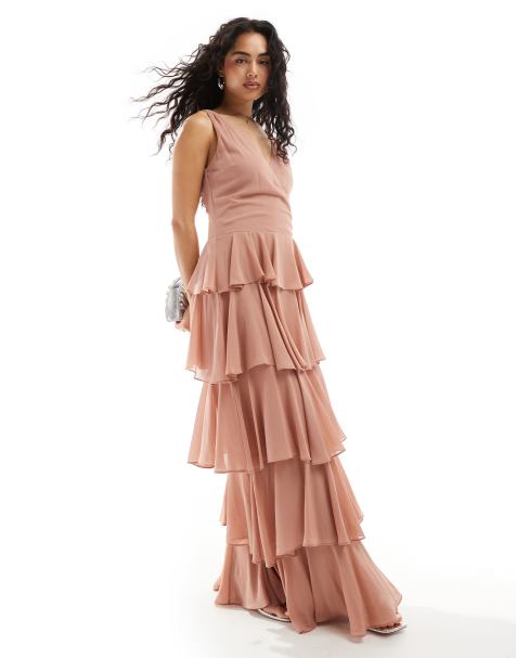 TFNC Bridesmaids chiffon tiered maxi dress in rose brown - view 1