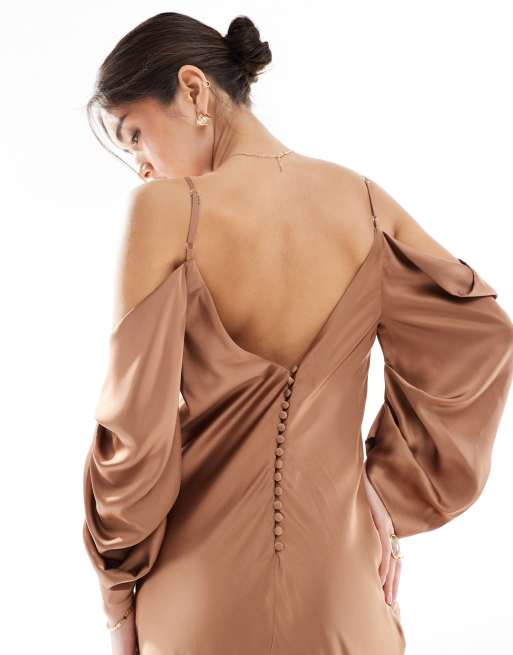 TFNC Bridesmaids cowl cold shoulders maxi dress with ruched sleeves in mocha