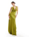 [TFNC] TFNC Bridesmaids cowl halterneck satin maxi dress in olive-Green 10 Olive