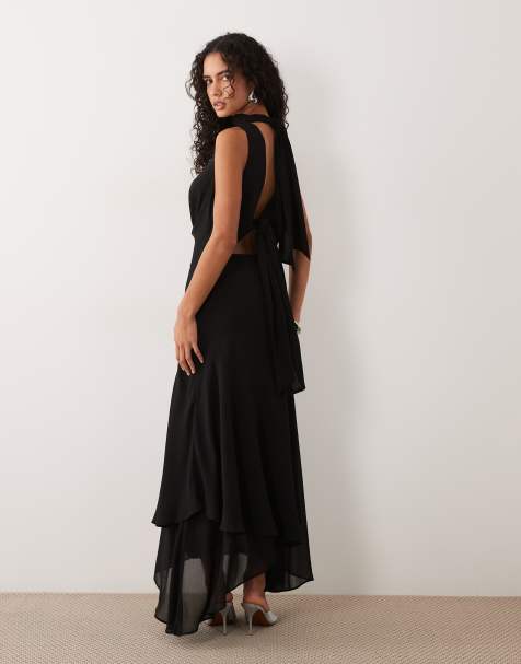 TFNC Bridesmaids cowl neck chiffon maxi dress with neck tie in black - view 1