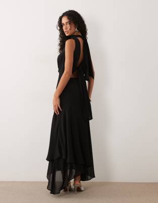 Tfnc Bridesmaids Cowl Neck Chiffon Midi Dress With Neck Tie In Black