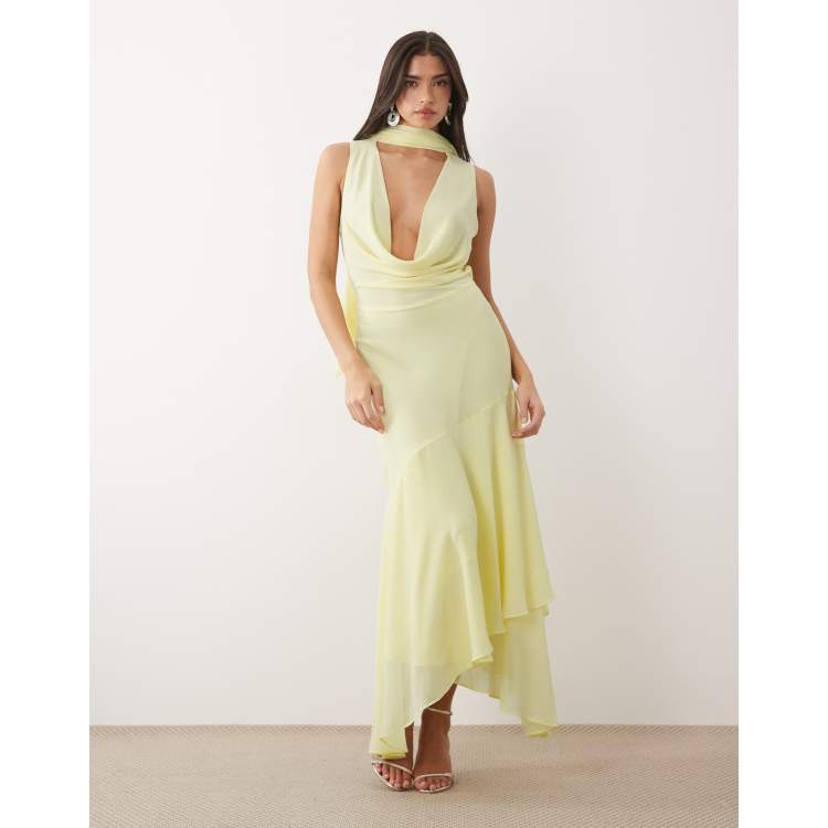 TFNC Bridesmaids cowl neck chiffon midi dress with neck tie in butter yellow  | ASOS