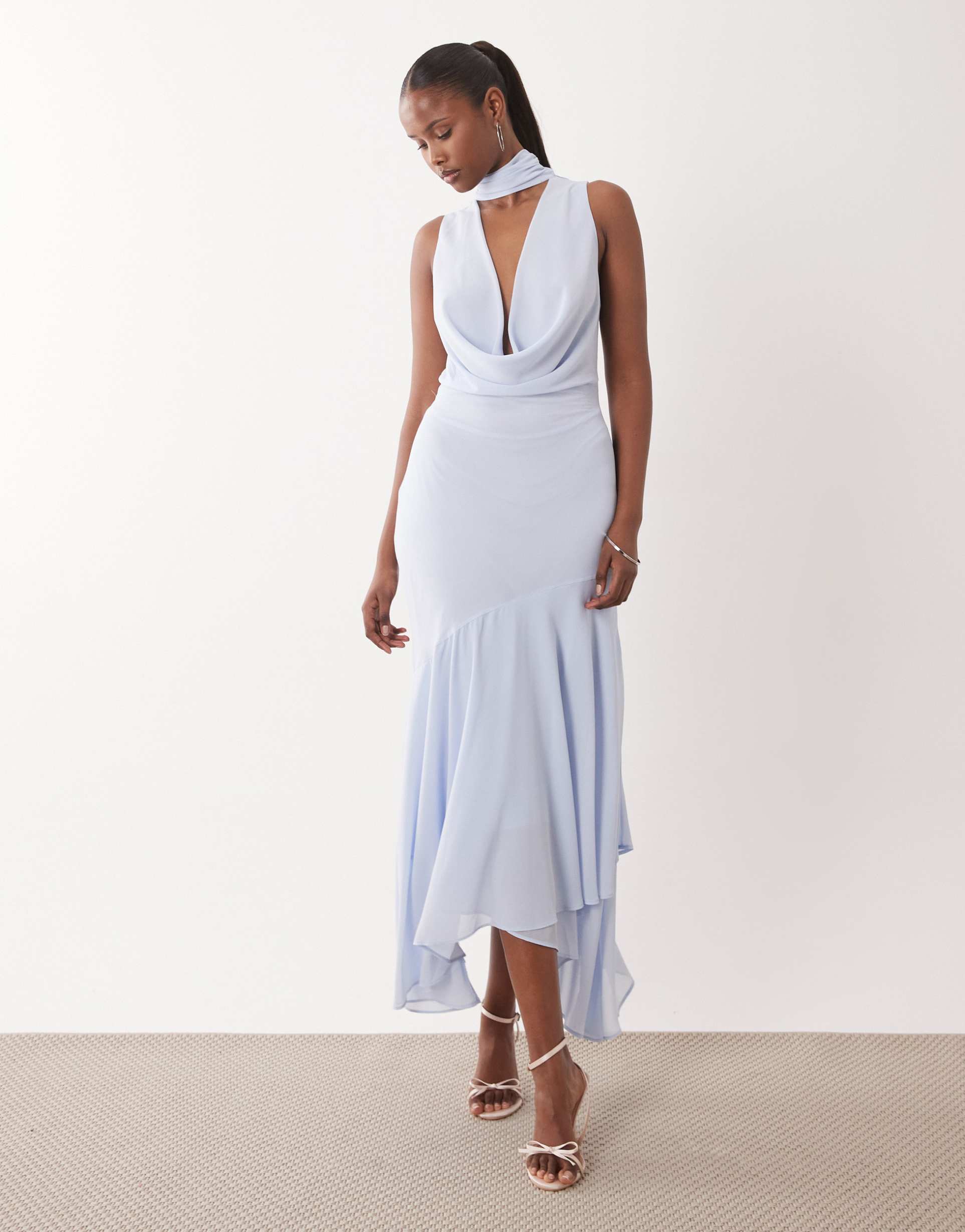 tfnc bridesmaids cowl neck chiffon midi dress with neck tie in icy blue