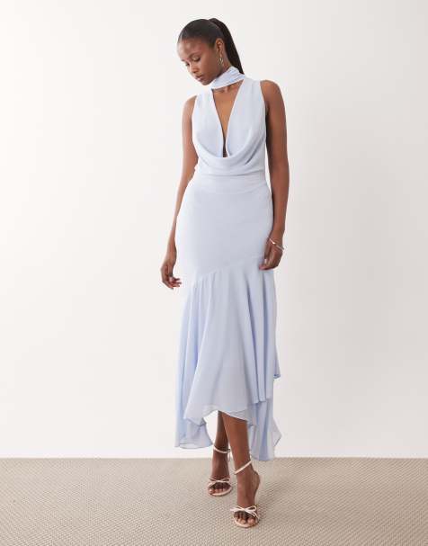 TFNC Bridesmaids cowl neck chiffon midi dress with neck tie in icy blue
