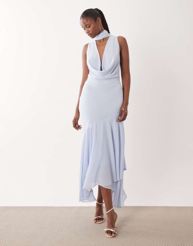 TFNC Bridesmaids cowl neck chiffon midi dress with neck tie in icy blue