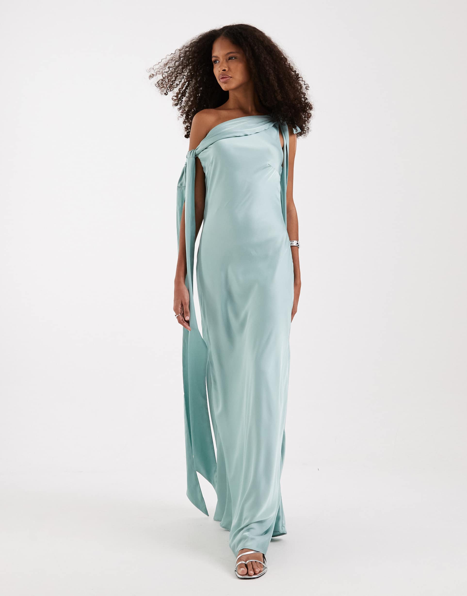 tfnc bridesmaids fallen shoulder satin maxi dress in aqua