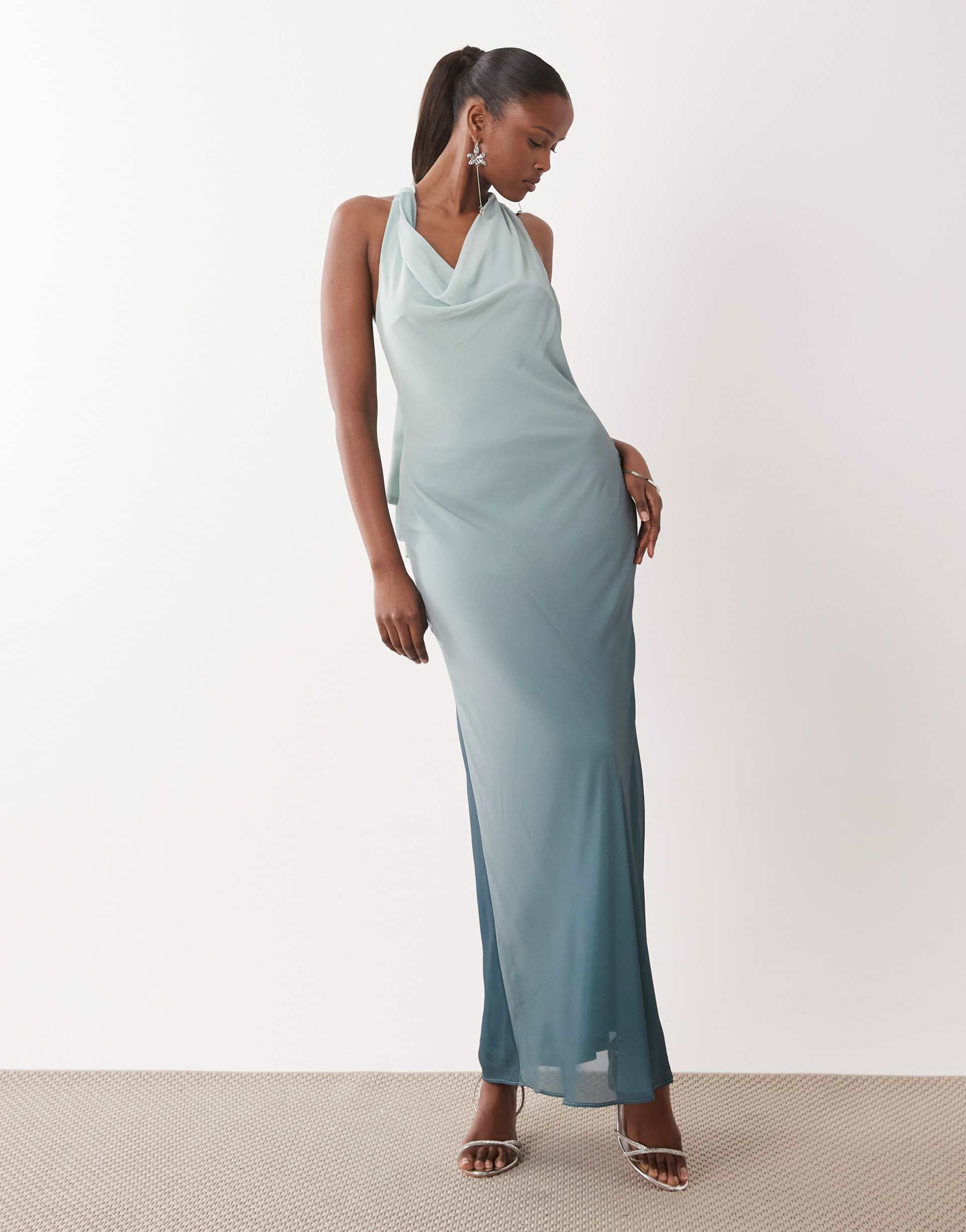 tfnc bridesmaids halter neck chiffon maxi dress in aqua ombre