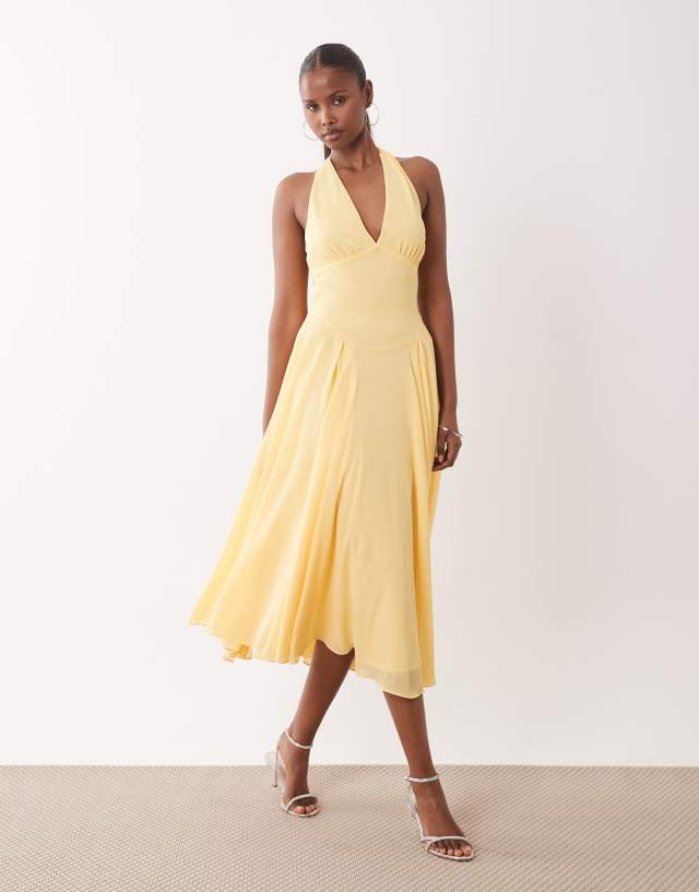tea length halter bridesmaid dresses TFNC Bridesmaids neck midi chiffon dress in yellow Navy Blue and Gold For colored items kensington-black Robe Size:L/XL