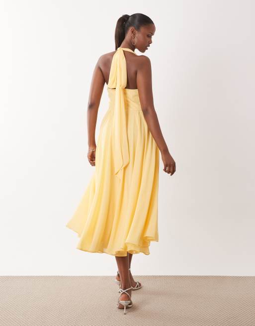 TFNC Bridesmaids halter neck midi chiffon dress in yellow, 3 of 4