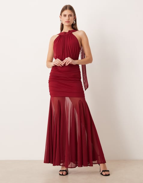 TFNC Bridesmaids halter neck sheer skirt maxi dress in wine - view 1
