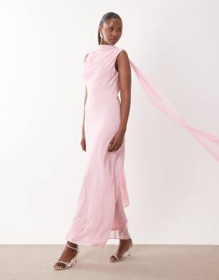 Tfnc Bridesmaids High Neck Chiffon Scarf Detail Maxi Dress In Pink