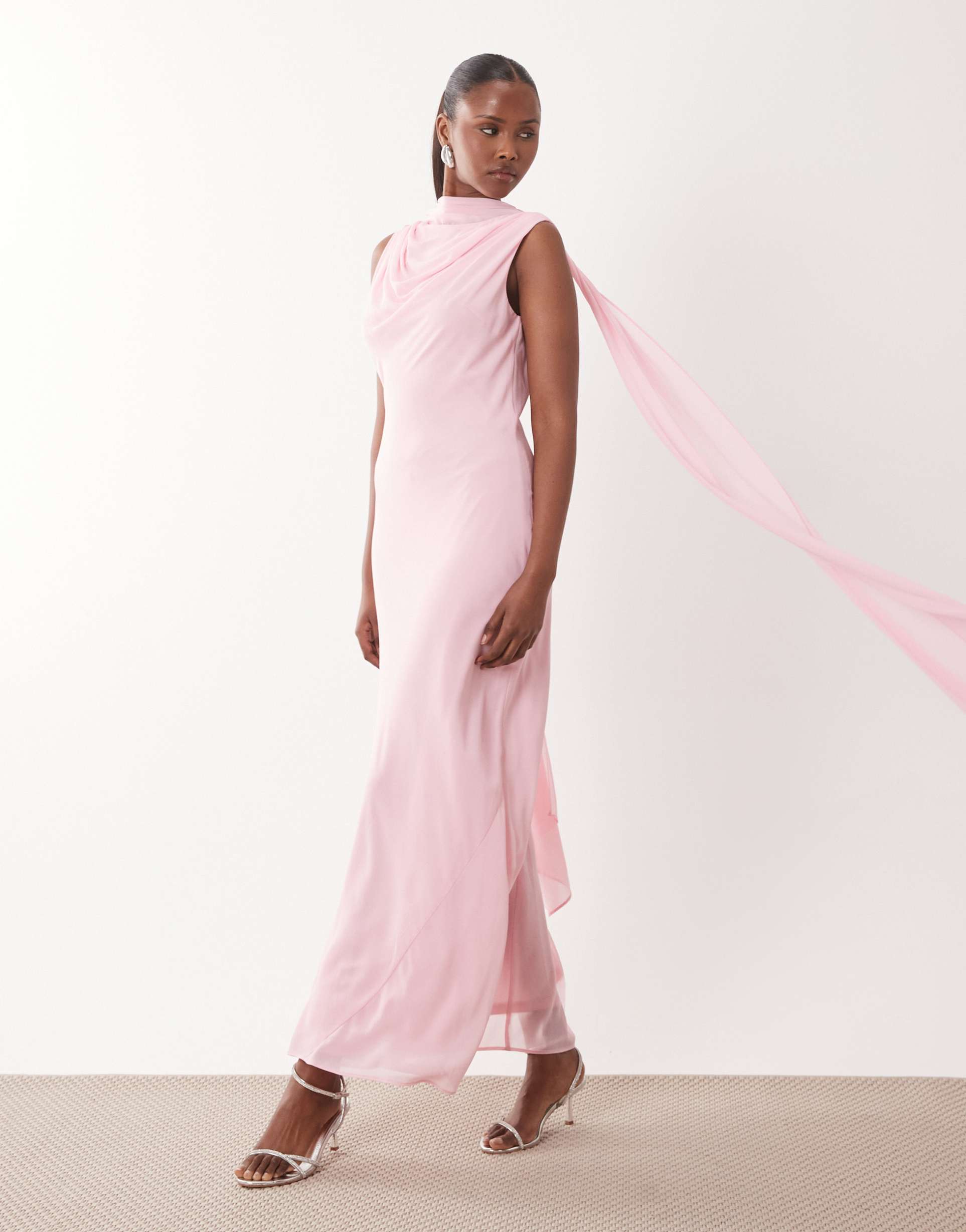 tfnc bridesmaids high neck chiffon scarf detail maxi dress in pink