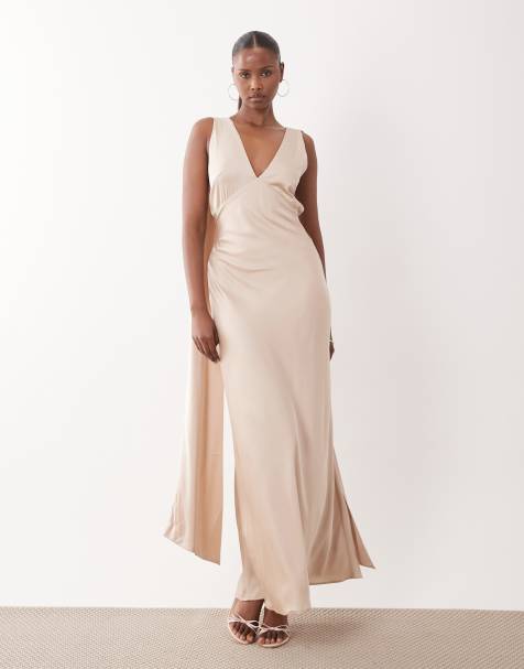 TFNC Bridesmaids – Kremowa satynowa sukienka maxi z dekoltem w szpic, sznurowaniem i szalem - view 1