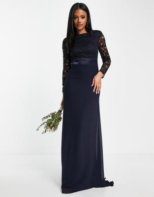 TFNC - Bridesmaids - Langärmliges Maxikleid aus Chiffon in Marineblau mit Rückseite aus Spitze mit Bogenkante