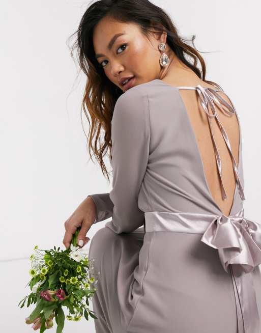 TFNC Bridesmaids long sleeve bow back maxi dress in grey