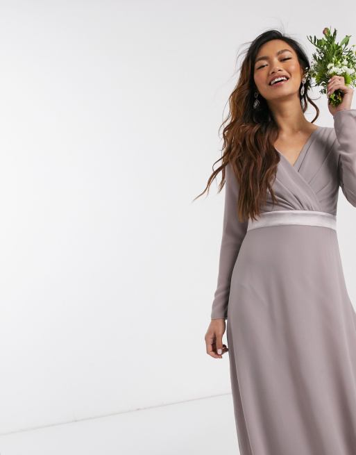 TFNC Bridesmaids long sleeve bow back maxi dress in grey, 4 of 4