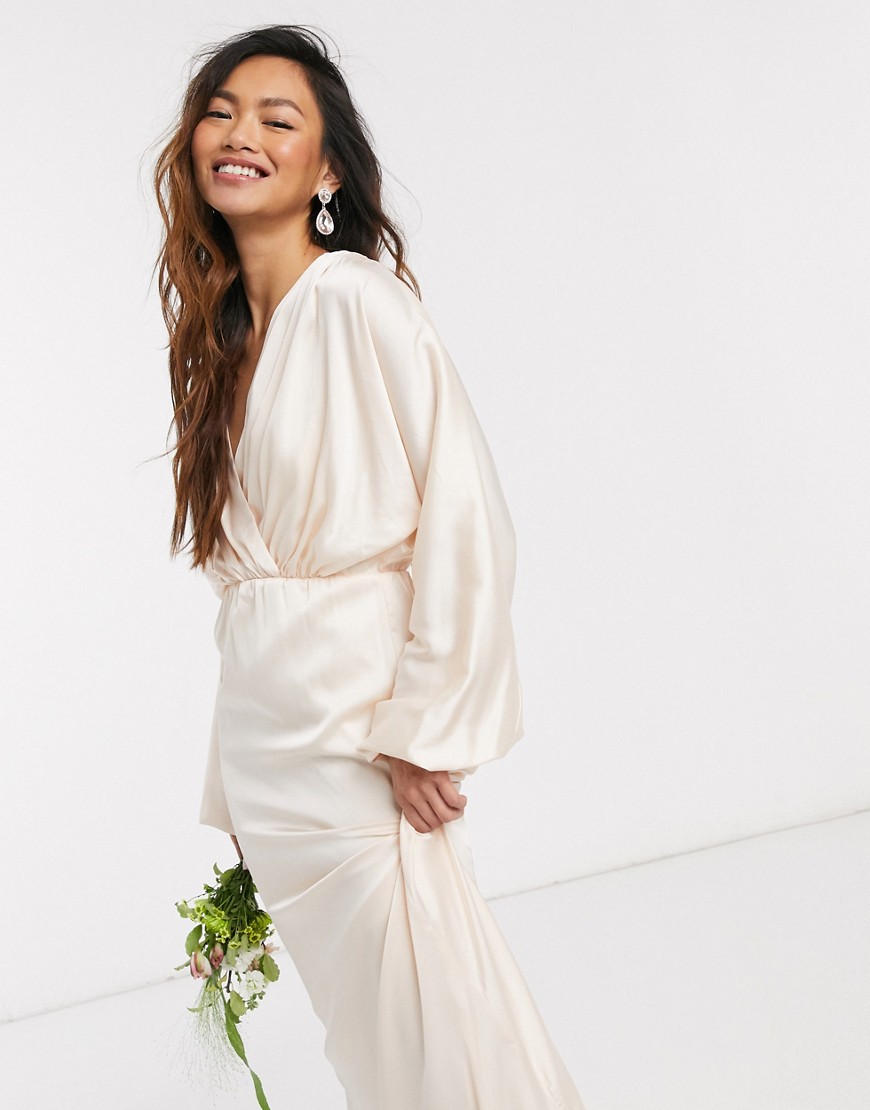 TFNC bridesmaids long sleeve sateen maxi dress in light blush-White