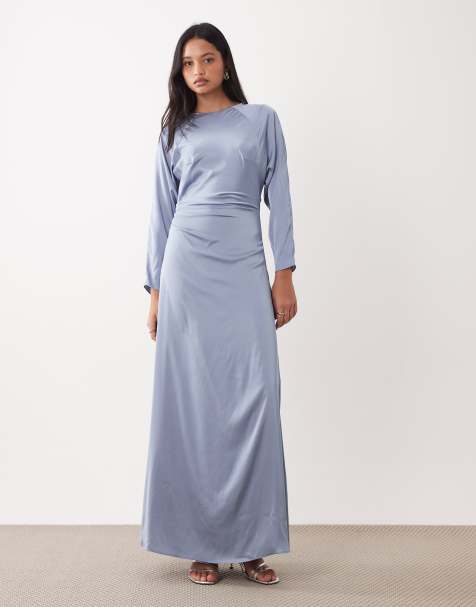 TFNC Bridesmaids long sleeve satin maxi dress in dusty blue - view 1