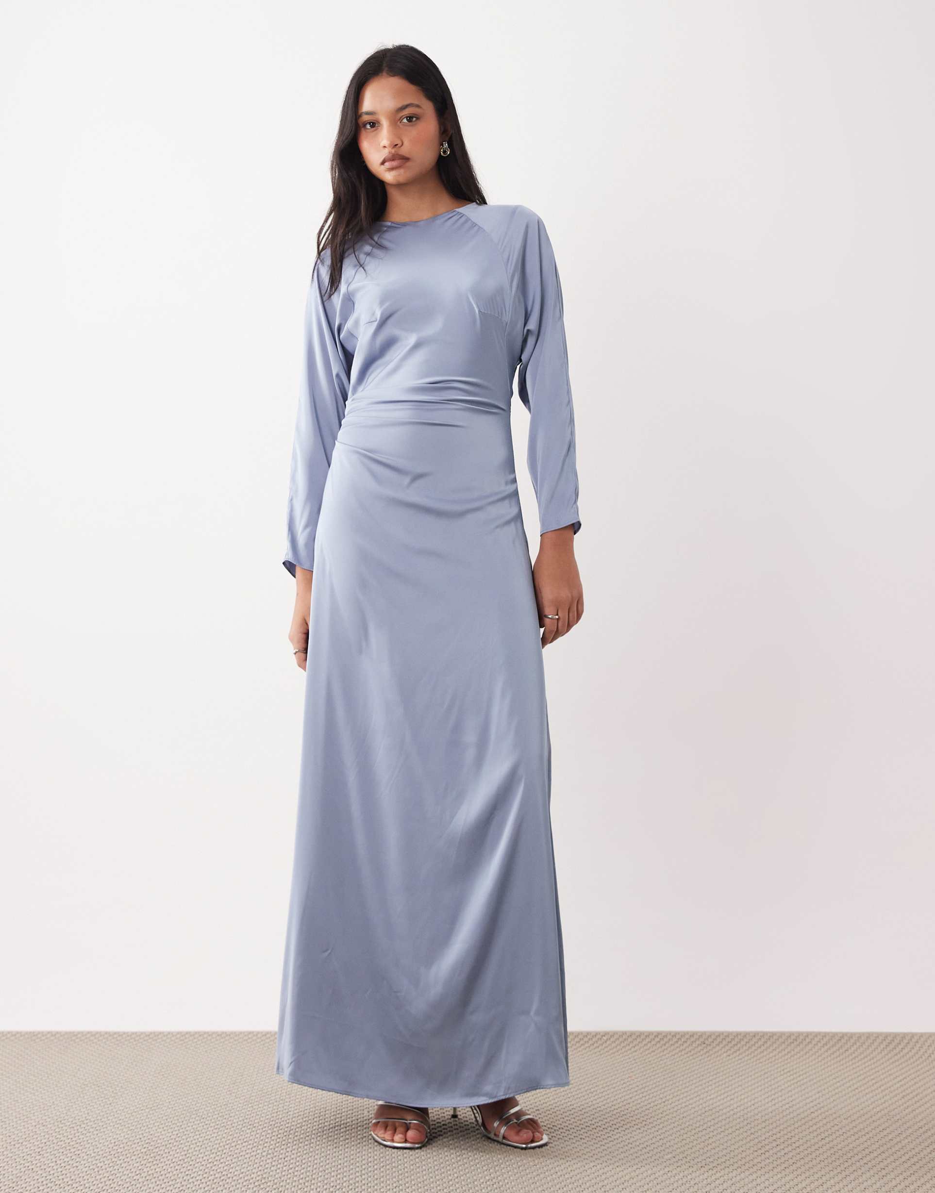 tfnc bridesmaids long sleeve satin maxi dress in dusty blue