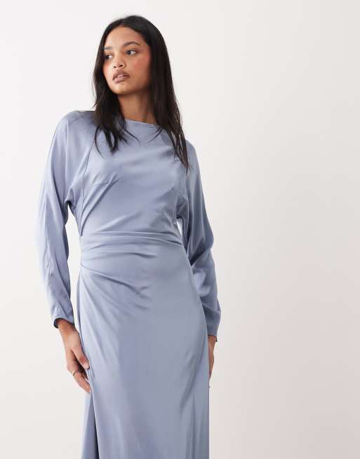 TFNC Bridesmaids long sleeve satin maxi dress in dusty blue, 3 of 4