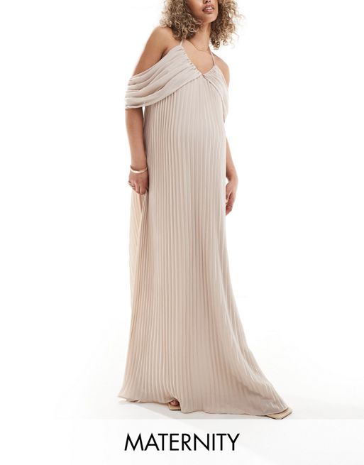 TFNC Bridesmaids Maternity cold shoulder chiffon pleated maxi dress in ecru