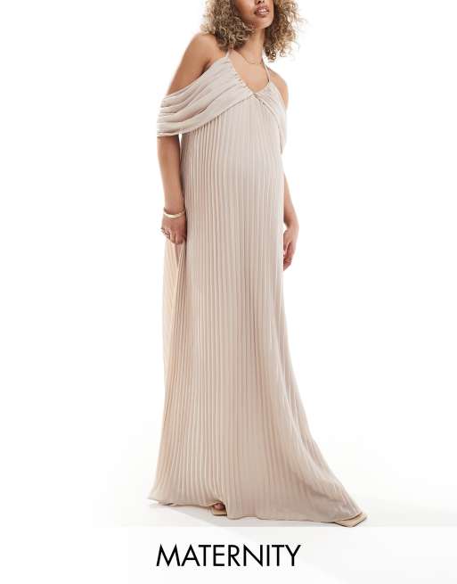 TFNC Bridesmaids Maternity cold shoulder chiffon pleated maxi dress in ecru ASOS